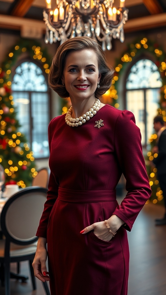A woman in a burgundy wool dress with pearl earrings at a Christmas party, surrounded by festive decorations.